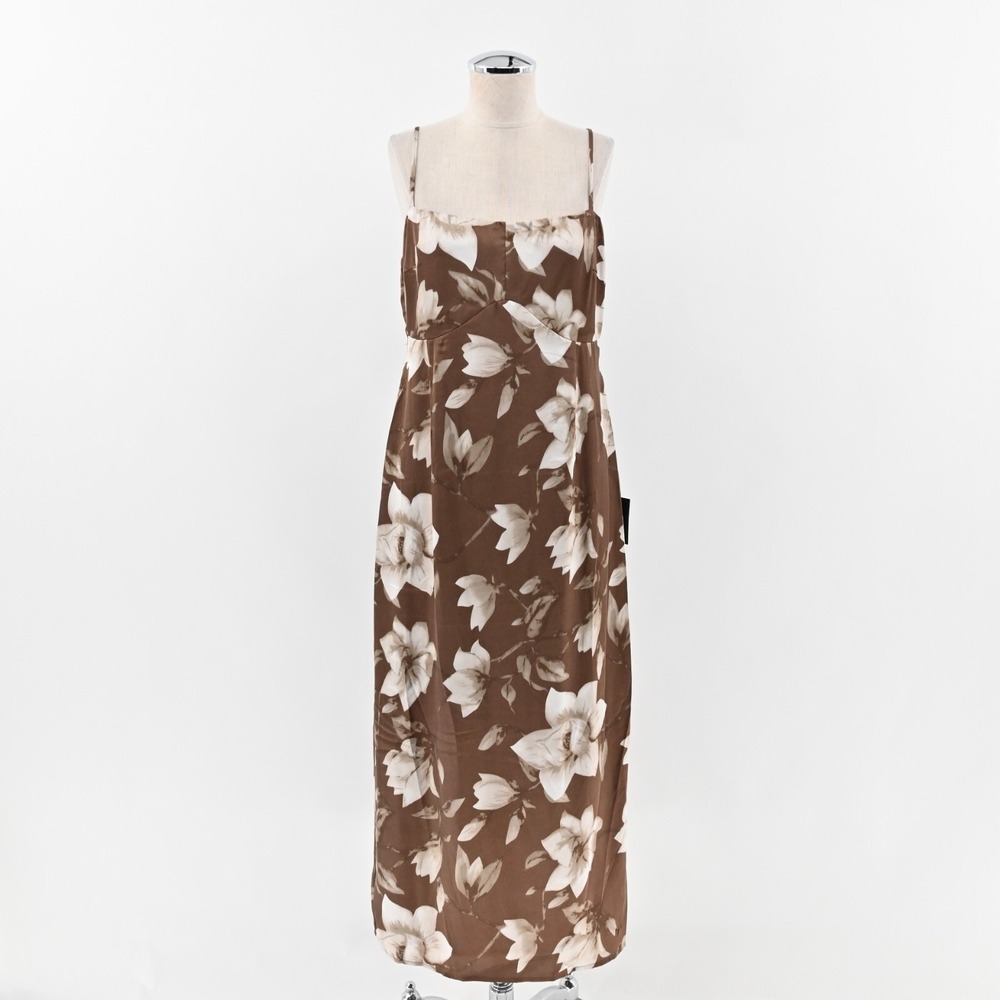 LULUS Midi Dress Size L Naturally Serene Brown Floral Satin Seamed Sleeveless